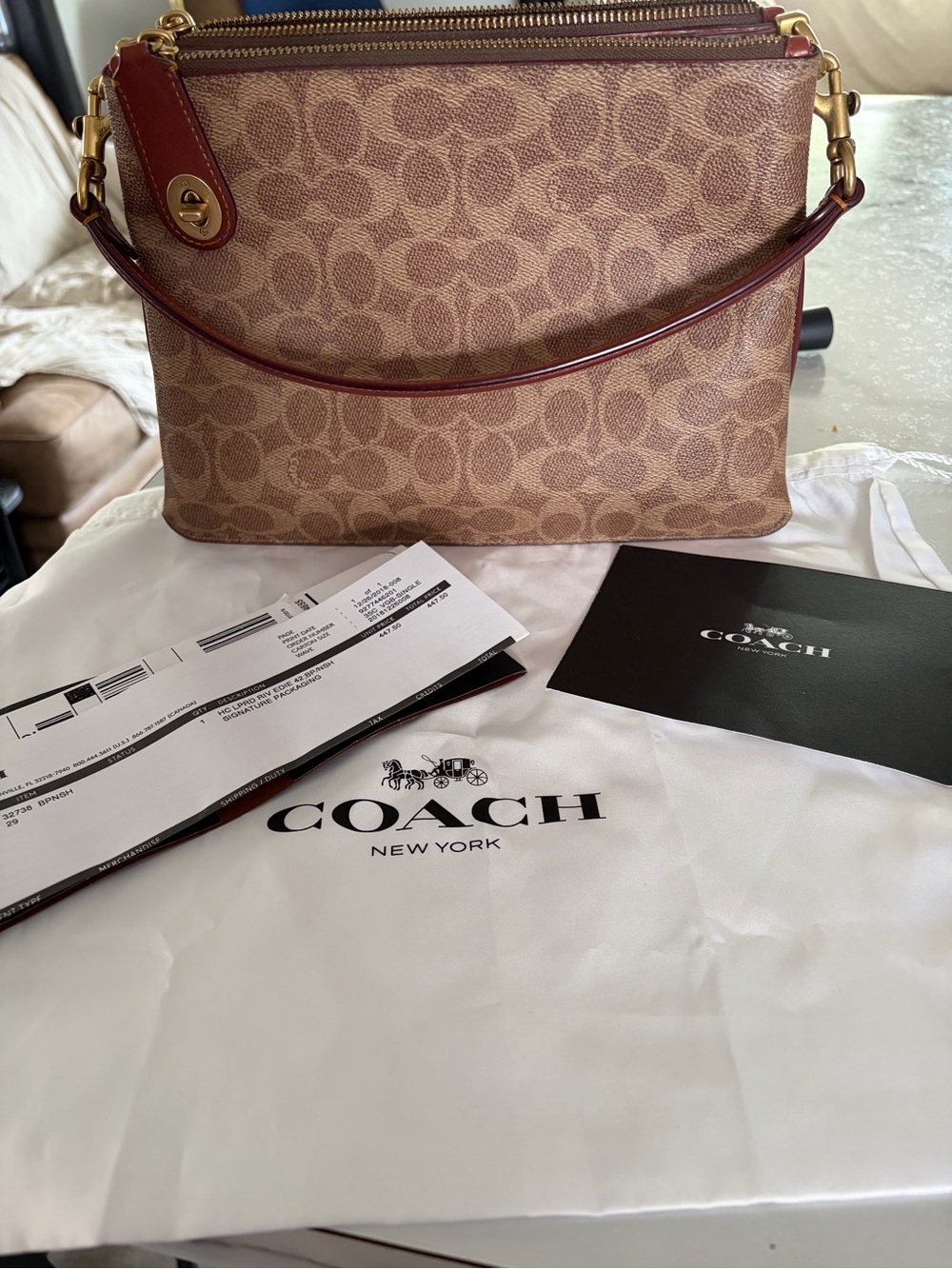 Coach Monogram Shoulder Bag in Brown and Tan with Leather Trim